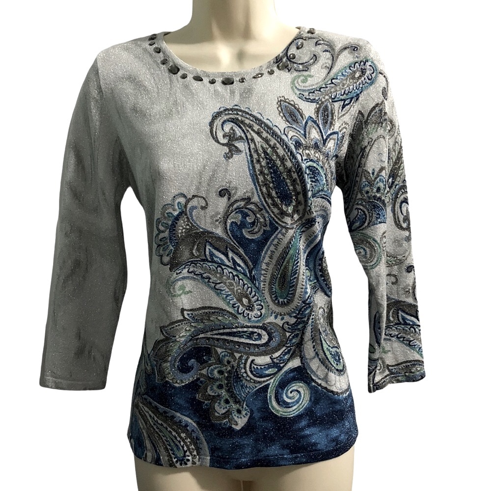 NWT Alfred Dunner Silver and Blue 3/4 Sleeve Paisley Pullover Sweater Petite S